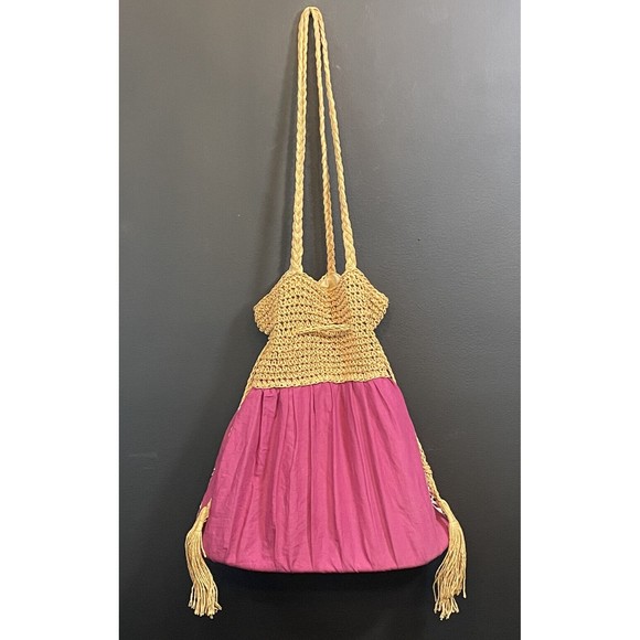 Sun ‘n’ Sand Orchid Embroidered Floral Straw Drawstring Beach Bag Tote Boho - Picture 2 of 8